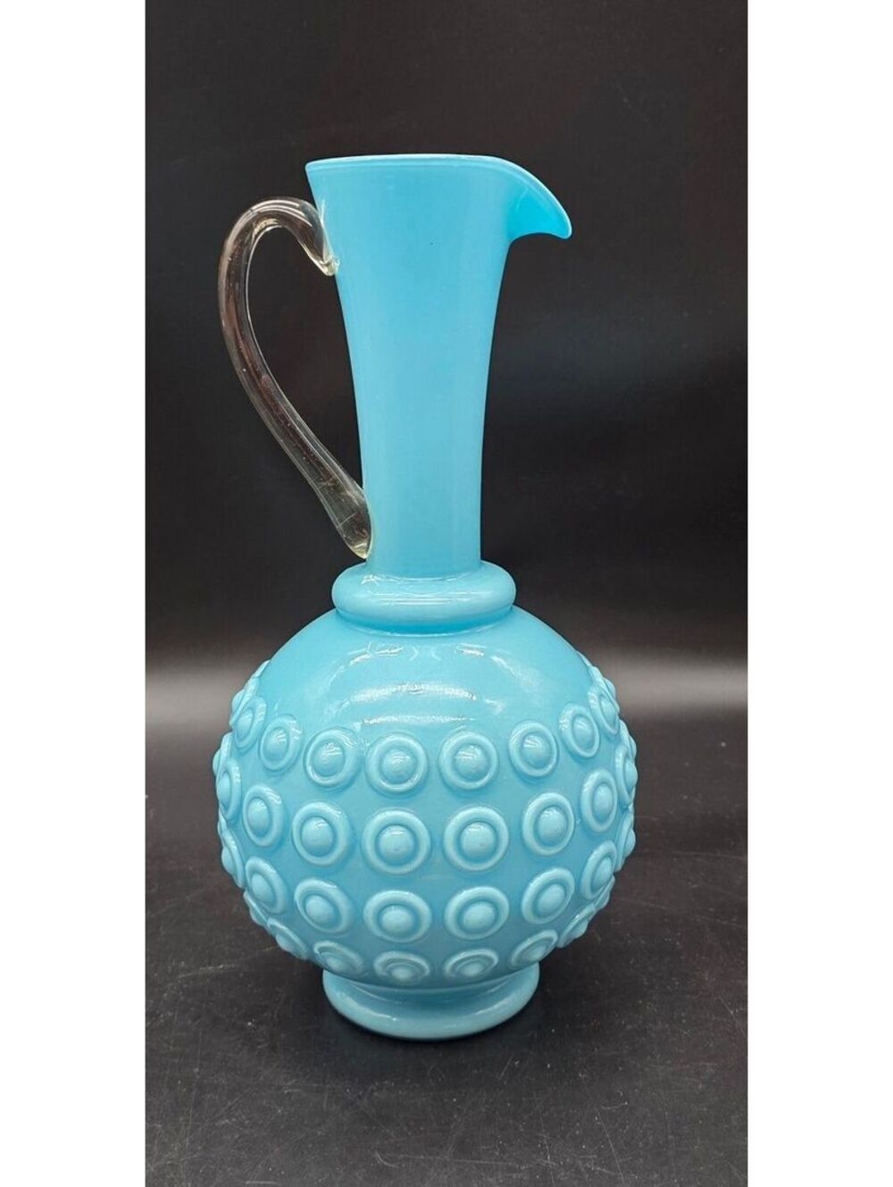 Vintage Empoli Italian Blue Opaline Glass Pitcher Ewer MCM Coin Dot 11.5" Italy